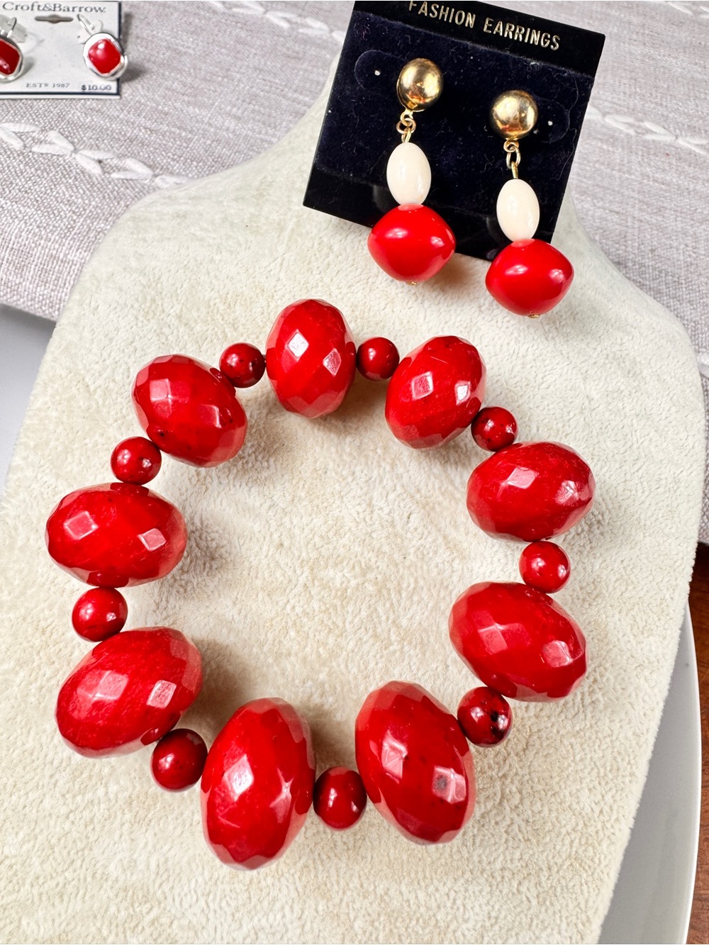 Vintage Red Beaded Bracelet with Cream and Gold Accent Post Earrings Set
